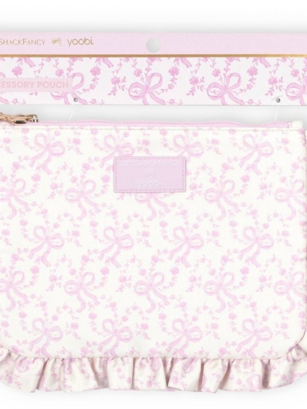 NWT LoveShackFancy Pink Bow Ruffle Accessory Pouch